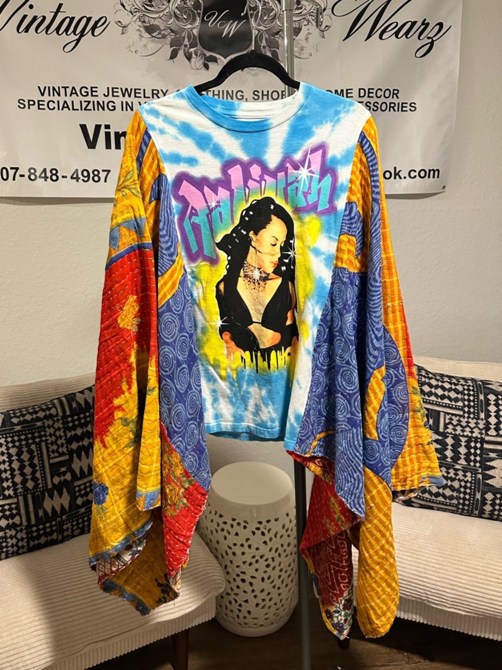 Over 50% OFF!! Custom Aaliyah Graphic Top w/Kantha Sleeves OOAK!!